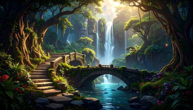 A serene forest scene with a stone bridge crossing a tranquil river. Waterfalls cascade in the distance, surrounded by lush greenery and vibrant flowers under a bright sun