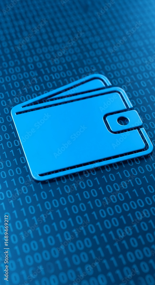 Poster blue wallet icon on binary code background, symbolizing digital finance, online payments, and secure