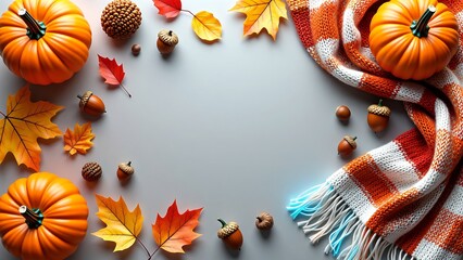 A cozy autumn flat lay composition with vibrant orange pumpkins, colorful fallen maple leaves, acorns, and a warm plaid scarf creating a decorative frame with central copy space