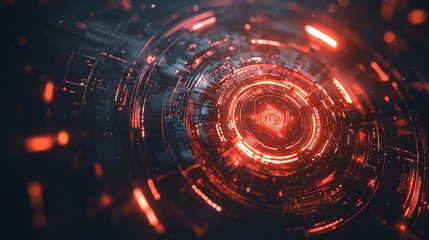 Glowing red digital matrix with concentric circles and intricate patterns creates futuristic and high tech visual effect, evoking sense of advanced technology and innovation