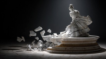 Cracked marble statue of robed woman with hair up, with scattered fragments around it