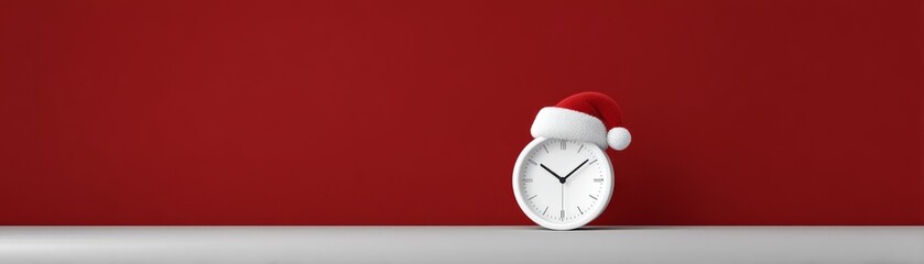 A white analog clock wears a Santa hat against a solid red background Christmas