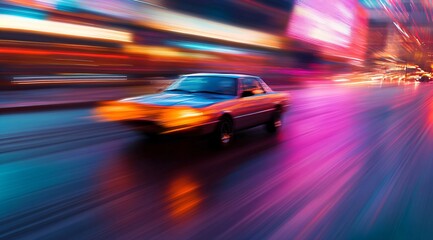 Fototapeta premium A car speeding through a city street at night with motion blur creating light streaks. Neon urban nightlife and loneliness concept.