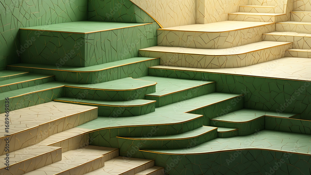 Aufkleber intricate stepped architectural structure with layered platforms in earthy green and beige tones, cr