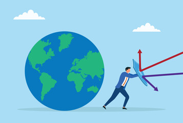Obraz premium Vector illustration of a businessman using a shield to protect the globe from harmful rays, symbolizing global protection, safety, and responsibility 