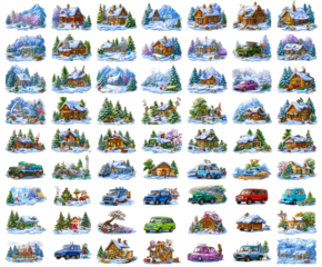 Winter Houses and Transport Collection with Snow Covered Roofs