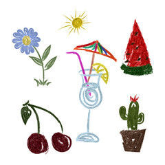 Hand drawn colored set of simple elements. Various acrylic icons of sun, cactus, watermelon, cherry, flower, cocktail isolated on transparent background.  Vector illustrations