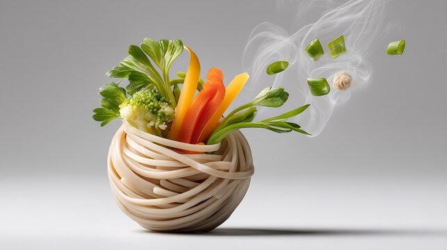 A Creative Presentation of Fresh Vegetables and Pasta, Evoking Culinary Art and Healthy Eating Concepts