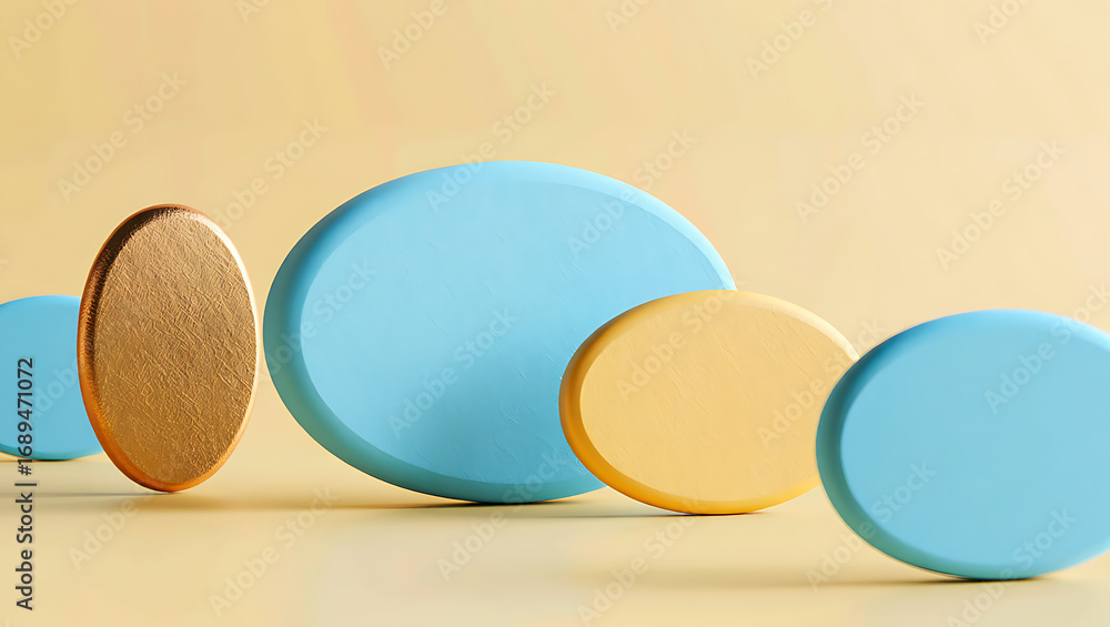 Poster abstract arrangement of colorful oval shapes and a metallic oval shape on a soft yellow background, 
