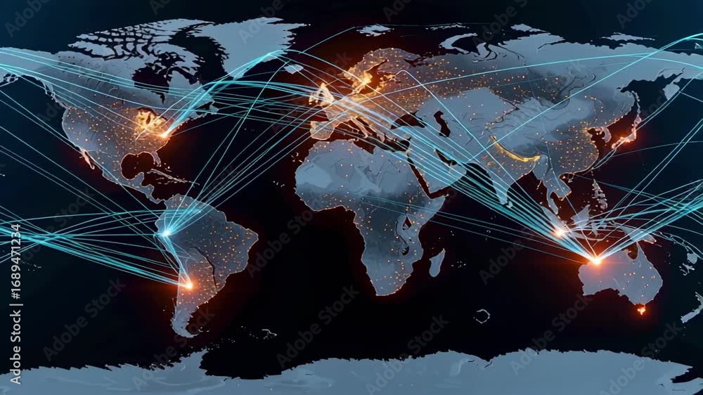 Poster global network connections world map animation for business technology and communication 100