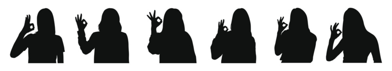 Set of flat vector silhouettes showing woman making OK hand sign, sign language gesture for approval and agreement, minimal black icons for education, awareness, communication design