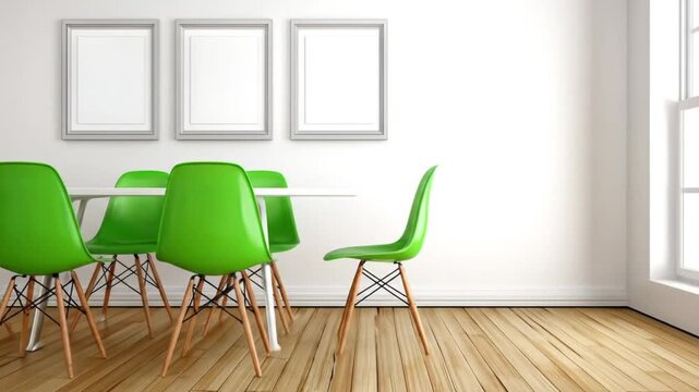 A brightly lit, minimalist dining room setting with a stylish, modern table and lime green chairs, featuring empty frames.