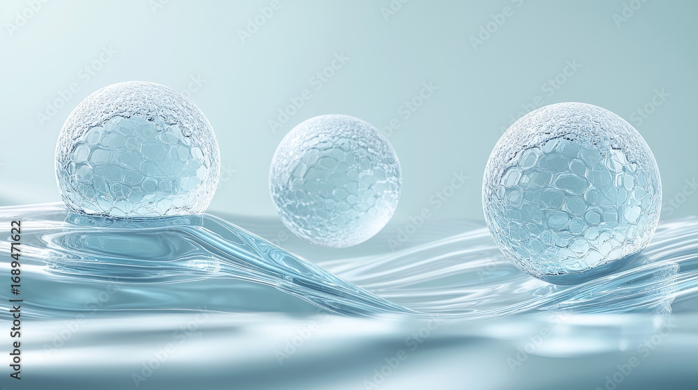 Aufkleber Three translucent spheres with hexagonal patterns float above smooth, wavy surface, creating serene and futuristic atmosphere. soft blue tones enhance ethereal quality of scene