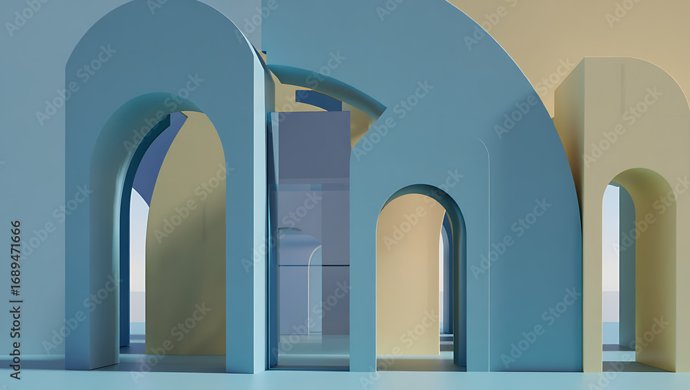 Fototapete an architectural concept with overlapping arched doorways and geometric forms in soft blue and beige