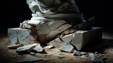 A pedestal, crumbling from the base, illuminated against a dark background