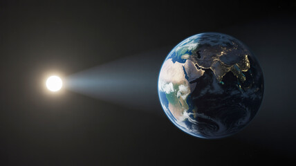 Sun illuminating Earth from space showing continents and city lights at night planet solar system