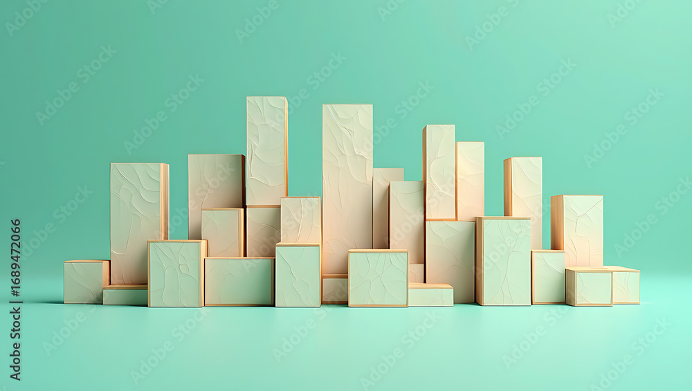 Poster a collection of light beige rectangular blocks of varying heights arranged in a cityscape formation 