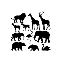Wild Animal Silhouette Vector Collection – Lion, Elephant, Giraffe, Deer, Bear, Flamingo, and Swan Black Silhouettes
