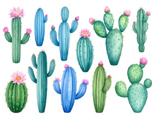Watercolor cactus collection.  Vibrant desert plants