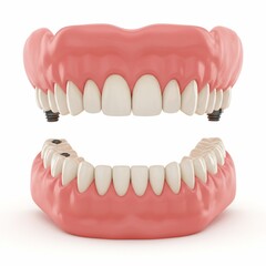 Obraz premium Realistic dental prosthetic dentures showing upper and lower jaw with white teeth on white background