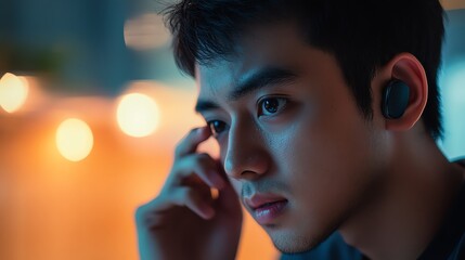 Young man listening intently with earbuds on.