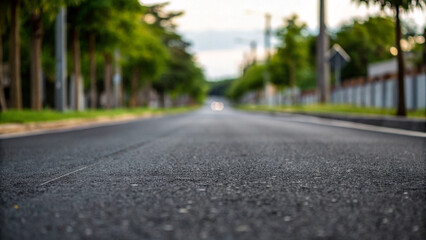 Fototapeta premium Empty asphalt road lined with trees and blurred background street deserted