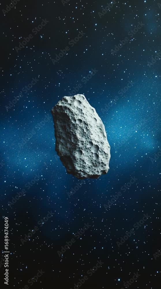 Poster asteroid rotating slowly in dark space with stars and nebulae