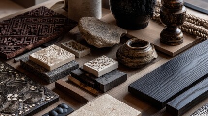 Assorted artistic objects on wooden surface. Variety of textures, materials, and colors