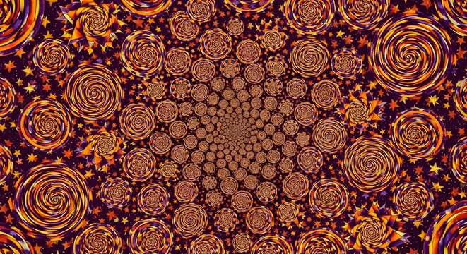A vibrant and hypnotic pattern featuring a multitude of orange, yellow, and red swirled lollipops or candies creating a mesmerizing spiral effect on a dark background.