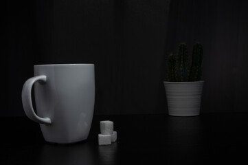 Mug with sugar cubes and cactus