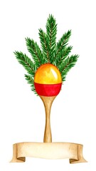 Watercolor Christmas ornament on a wooden spoon with fir branches and a ribbon banner