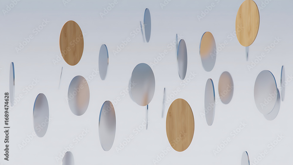 Fototapete abstract composition of floating wooden and metallic discs, creating a dynamic and ethereal visual e