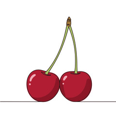 Two Red Cherries with Stems on White Background