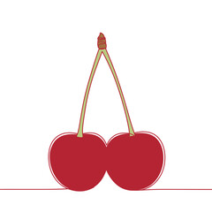 Two Red Cherries with Stems on White Background