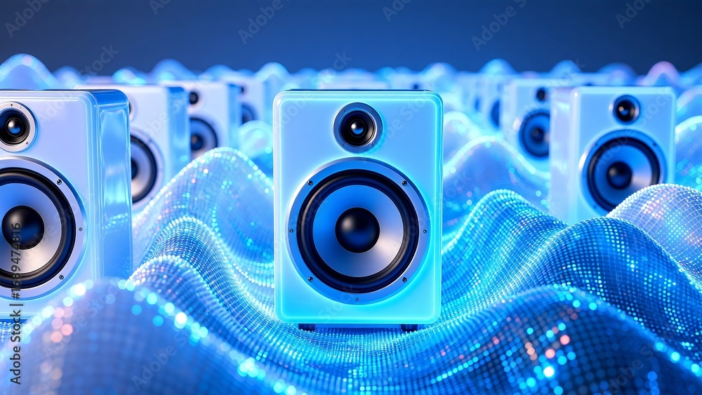 Wall mural a conceptual digital audio landscape featuring an endless array of glowing speakers on a vibrant blu
