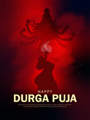 Happy Durga Puja Poster with Silhouette of Goddess Durga and Devotee Offering Aarti