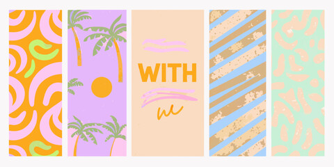 Vibrant retro collage of social media story templates with abstract shapes and tropical elements