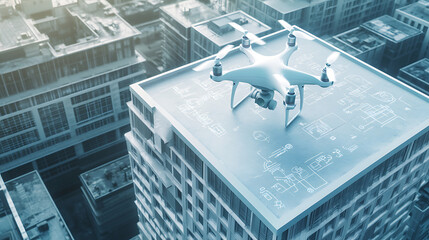 Drone Hovering Over a Building with Digital Overlay