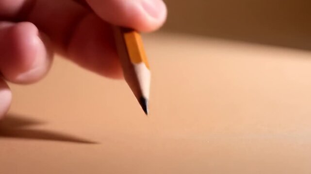 Close-up of a Hand Holding Pencil, Shadow Play, Writing Instrument on a Beige Surface