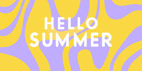 Hello summer text in white on a groovy wavy background of yellow and lavender colors