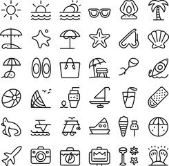 Fototapeta premium This is a comprehensive collection of high-quality, professional, and editable vector line icons related to summer and beach vacations. The set includes icons representing various summer-themed object