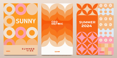 Vibrant summer posters featuring geometric patterns and sunny colors for a retro vibe