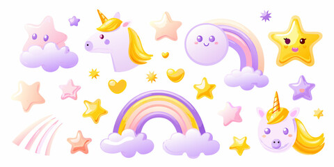 Collection of cute cartoon unicorns rainbows stars and hearts in pastel colors for children s designs