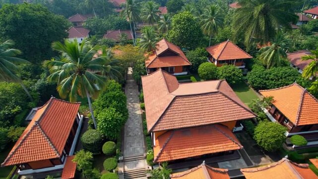 Aerial view of traditional Balinese rooftops, tropical gardens, and villas in Ubud, Bali. Peaceful residential view showing dense greenery and orange-tile architecture.