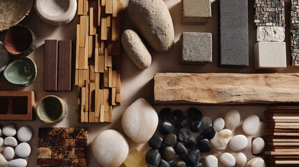 Assorted natural building materials wood, pebbles, stone, ceramics in neutral palette