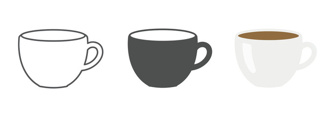Vector art of three different representations of a coffee cup, including a sketch, a silhouette, and a filled cup