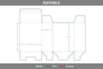 Cereal tuck end box dieline template with auto bottom snap lock, custom dimensions folding carton packaging design for food products including die line layout