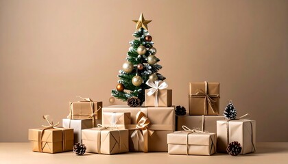 Christmas gifts, meticulously wrapped in tan paper, sit beneath a small, decorated Christmas tree against a plain, creamy backdrop. A golden star tops the tree, exuding a festive holiday spirit