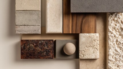 Arranged rectangles of varying materials with a textured orb centered