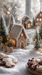 Fototapeta premium Panoramic winter scene with central gingerbread house